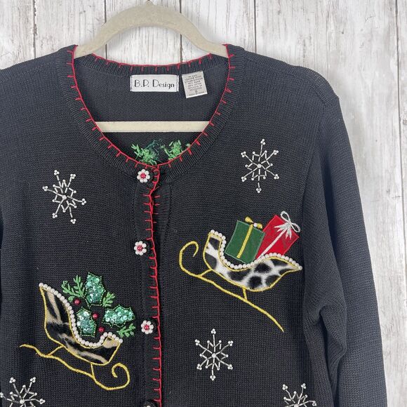 BP Design Ugly Christmas Sweater Cardigan Beaded Sz S Black Sequin Sleds Holiday - Picture 2 of 9